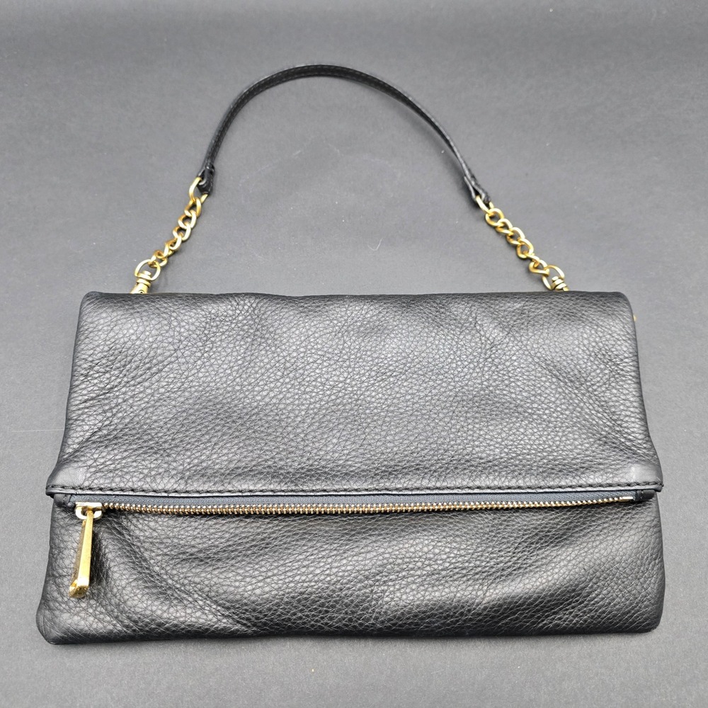 Fossil Black Pebbled Leather Foldover Clutch Purse Hand Bag Gold Chain Strap